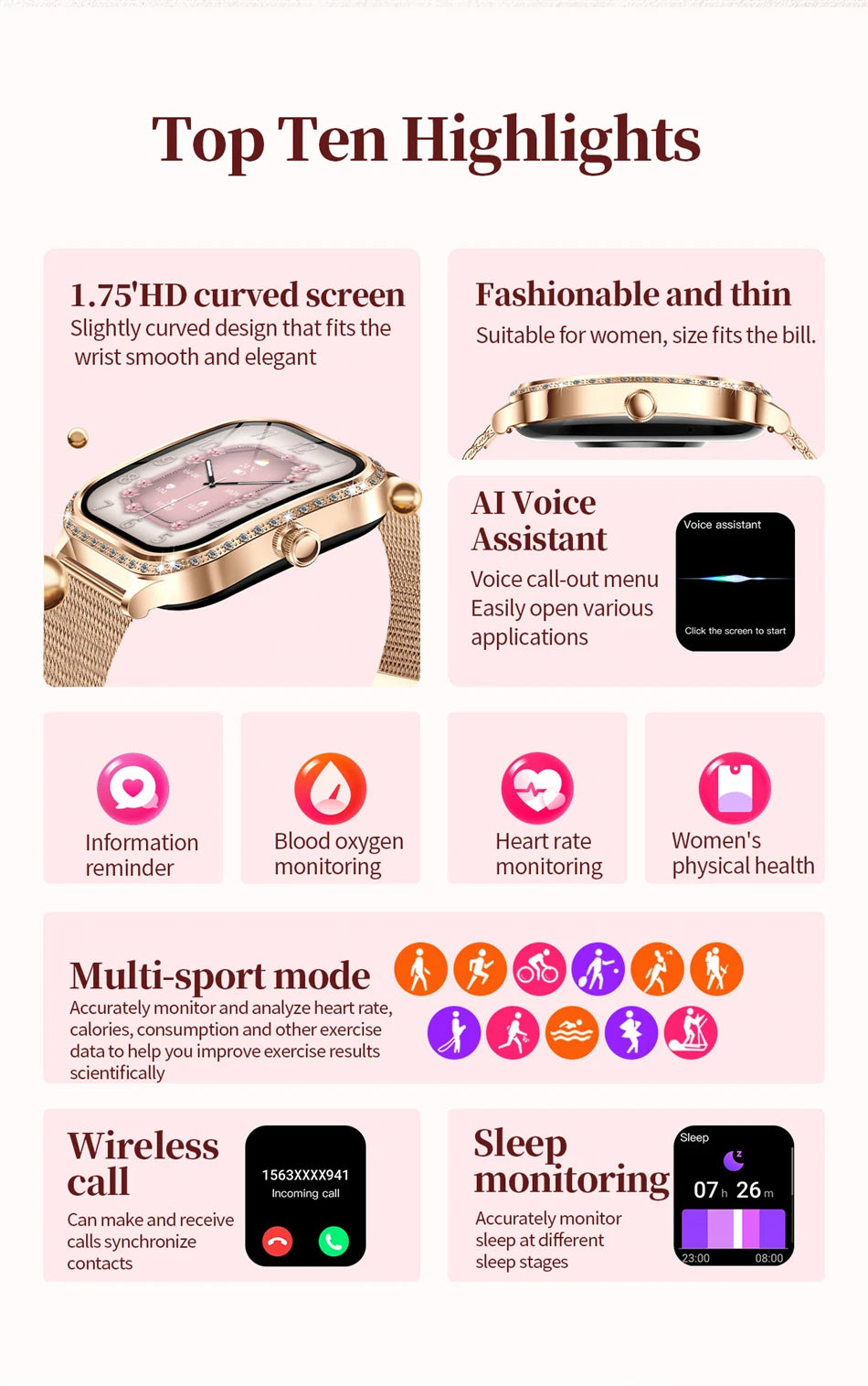 LIGE Smart Watch Women Waterproof Bluetooth