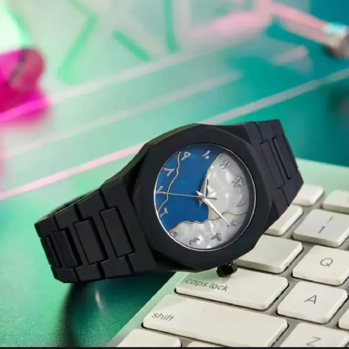 Aura Wrist Watch – Blue & White Marble Dial – Fiber Plastic Body – High Quality Quartz – Lightweight & Durable – Men’s Casual & Formal Watch